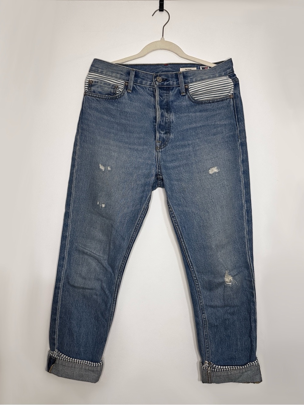 NOEND Eve Slim Straight Striped Cuff Distressed Jeans